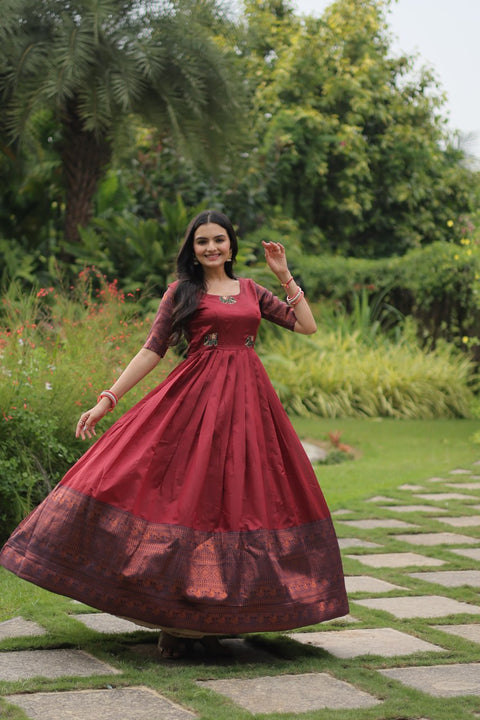 Maroon Silk Gown And simple weave with a sharp hand, Jacquard fabric Gown For Woman