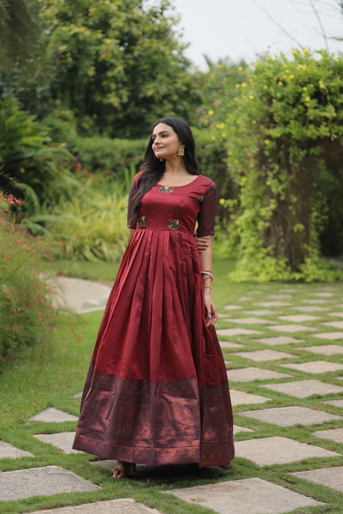 Maroon Silk Gown And simple weave with a sharp hand, Jacquard fabric Gown For Woman