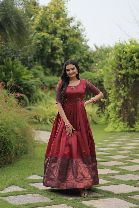 Maroon Silk Gown And simple weave with a sharp hand, Jacquard fabric Gown For Woman