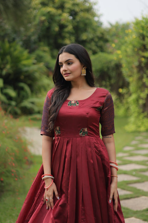 Maroon Silk Gown And simple weave with a sharp hand, Jacquard fabric Gown For Woman