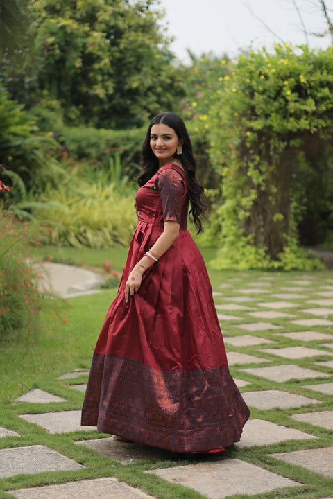 Maroon Silk Gown And simple weave with a sharp hand, Jacquard fabric Gown For Woman