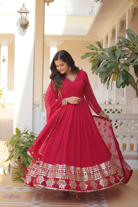 Pink Faux Blooming Gown with Dupatta With Attractive Embroidered Sequins work For Woman