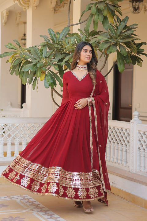 Red Faux Blooming Gown with Dupatta With Attractive Embroidered Sequins work For Women