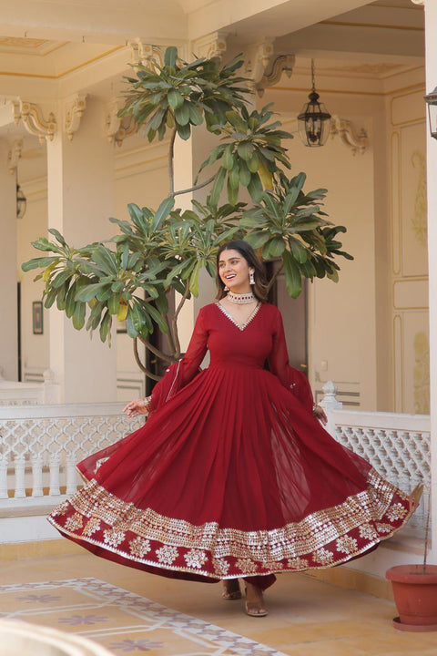 Red Faux Blooming Gown with Dupatta With Attractive Embroidered Sequins work For Women