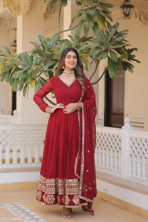 Red Faux Blooming Gown with Dupatta With Attractive Embroidered Sequins work For Women