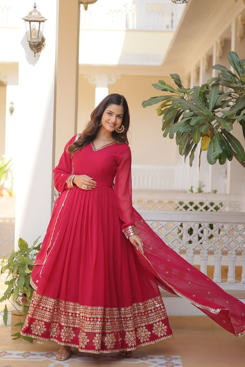 Pink Faux Blooming Gown with Dupatta With Attractive Embroidered Sequins work For Woman