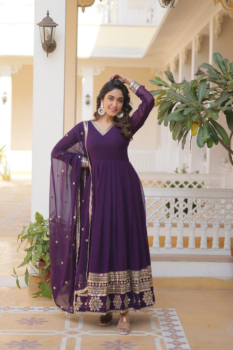 Purple Faux Blooming Gown with Dupatta With Attractive Embroidered Sequins work For Women