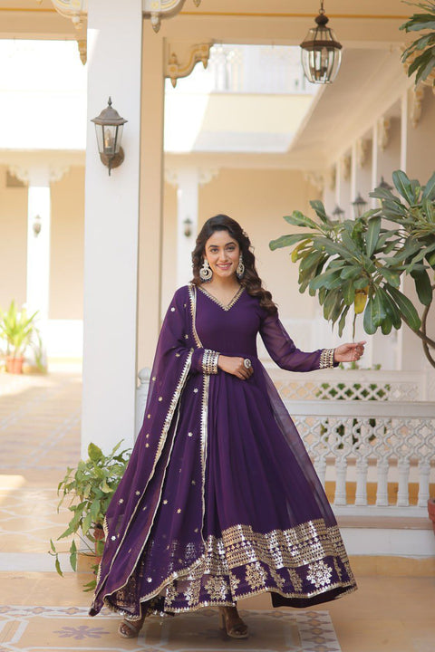 Purple Faux Blooming Gown with Dupatta With Attractive Embroidered Sequins work For Women