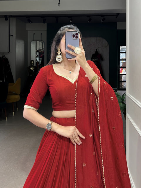 Red Crafted for Grace and Beauty: Pure Chanderi Plain Lehenga with Intricate Zari Work Border, Accompanied by Sequin Embellished Dupatta For Women