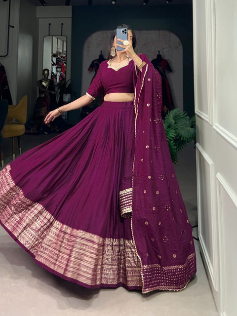 Wine Crafted for Grace and Beauty: Pure Chanderi Plain Lehenga with Intricate Zari Work Border, Accompanied by Sequin Embellished Dupatta For Women