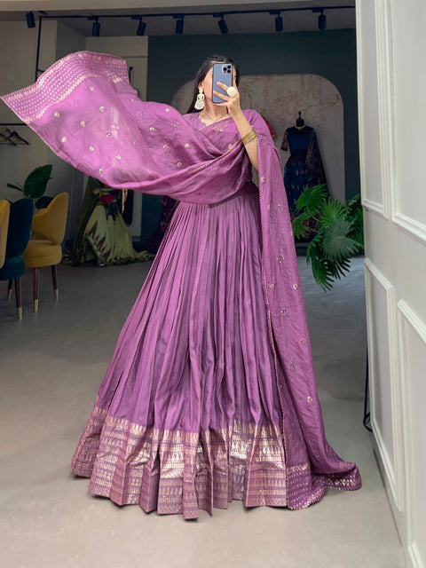 Purple Crafted for Grace and Beauty: Pure Chanderi Plain Lehenga with Intricate Zari Work Border, Accompanied by Sequin Embellished Dupatta For Women