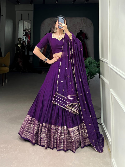 Dark Purple Crafted for Grace and Beauty: Pure Chanderi Plain Lehenga with Intricate Zari Work Border, Accompanied by Sequin Embellished Dupatta For Women