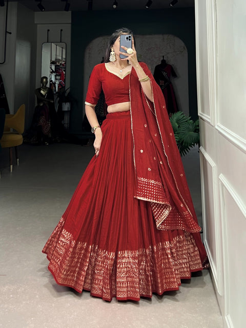 Red Crafted for Grace and Beauty: Pure Chanderi Plain Lehenga with Intricate Zari Work Border, Accompanied by Sequin Embellished Dupatta For Women