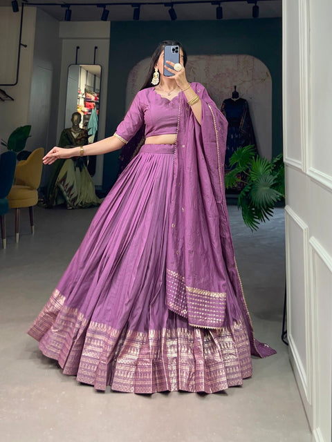 Purple Crafted for Grace and Beauty: Pure Chanderi Plain Lehenga with Intricate Zari Work Border, Accompanied by Sequin Embellished Dupatta For Women