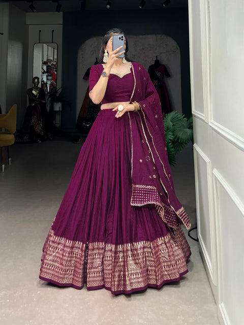 Wine Crafted for Grace and Beauty: Pure Chanderi Plain Lehenga with Intricate Zari Work Border, Accompanied by Sequin Embellished Dupatta For Women