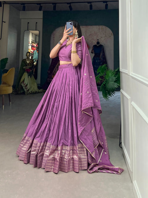 Purple Crafted for Grace and Beauty: Pure Chanderi Plain Lehenga with Intricate Zari Work Border, Accompanied by Sequin Embellished Dupatta For Women