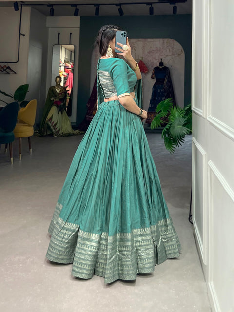 Green Crafted for Grace and Beauty: Pure Chanderi Plain Lehenga with Intricate Zari Work Border, Accompanied by Sequin Embellished Dupatta For Women