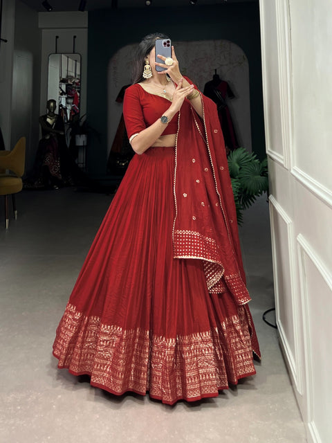 Red Crafted for Grace and Beauty: Pure Chanderi Plain Lehenga with Intricate Zari Work Border, Accompanied by Sequin Embellished Dupatta For Women