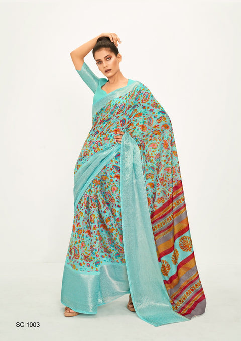 Sky Blue Chanderi saree with blouse , Perfect for Indian Daily Wear sequins saree For Woman