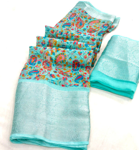 Sky Blue Chanderi saree with blouse , Perfect for Indian Daily Wear sequins saree For Woman