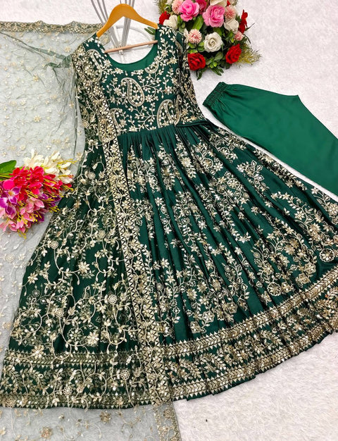 Green Heavy Chinon Silk Anarkali Gown -Pent  Dupatta Set Fully Stitched For Women