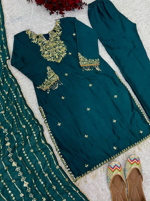 Blue Color Chinnon With Embroidery Sequence Work Top-Bottom And Dupatta