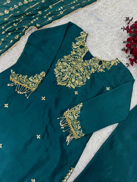 Blue Color Chinnon With Embroidery Sequence Work Top-Bottom And Dupatta