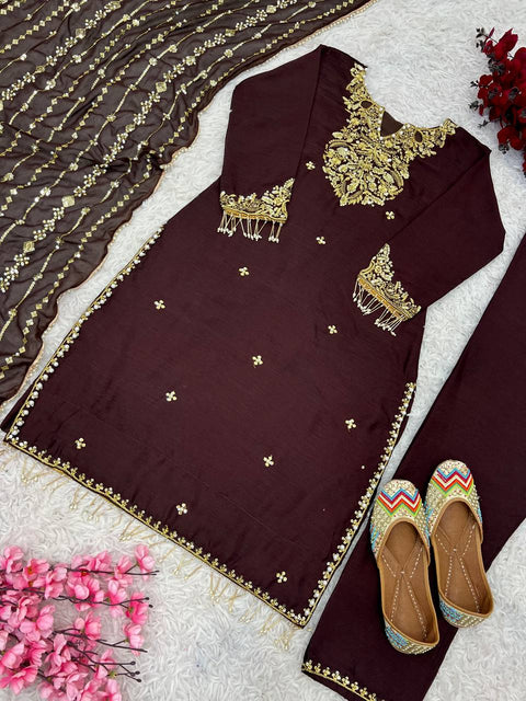 Coffee Color Chinnon With Embroidery Sequence Work