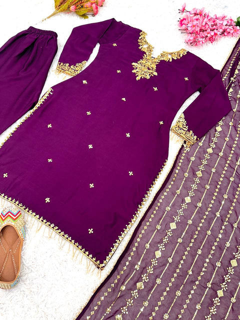 Wine Color Chinnon With Embroidery Sequence Work Top-Bottom And Dupatta