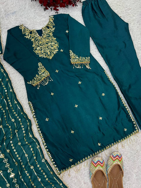 Blue Color Chinnon With Embroidery Sequence Work Top-Bottom And Dupatta