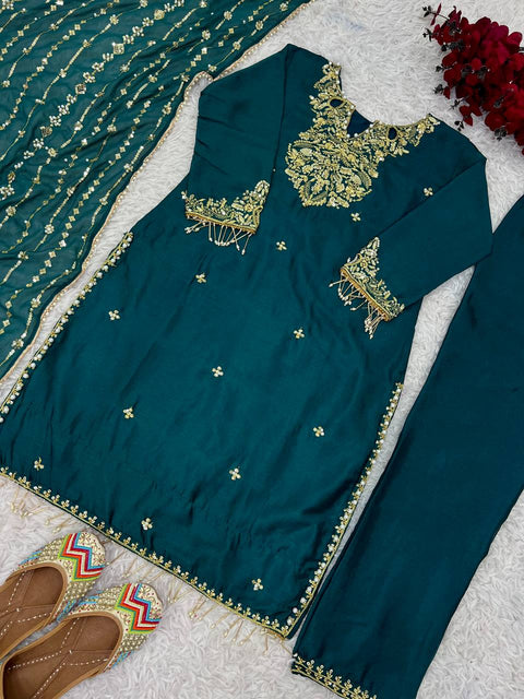 Blue Color Chinnon With Embroidery Sequence Work Top-Bottom And Dupatta