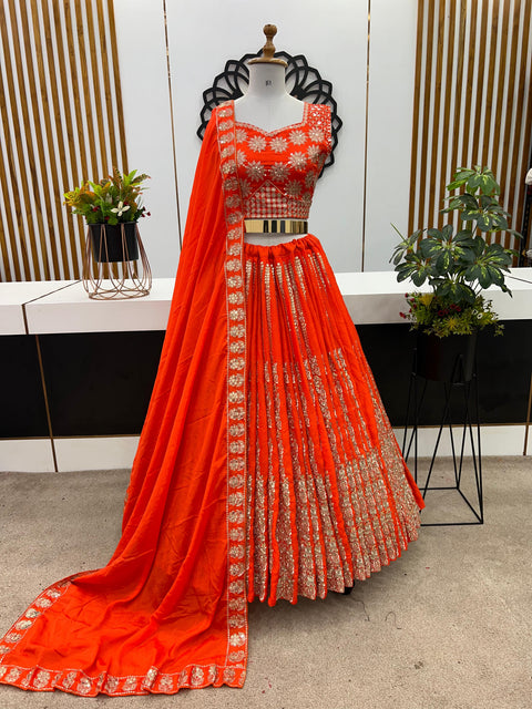 Orange Wedding Collection Lehenga Choli With Full Heavy Embroidery Sequence Work For Women