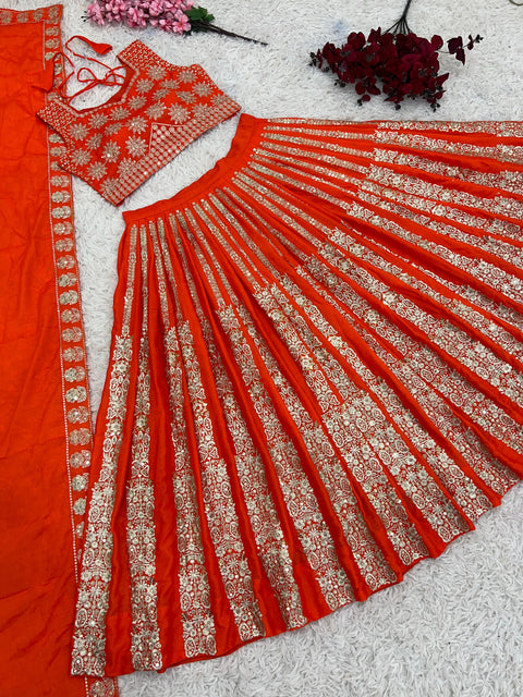 Orange Wedding Collection Lehenga Choli With Full Heavy Embroidery Sequence Work For Women