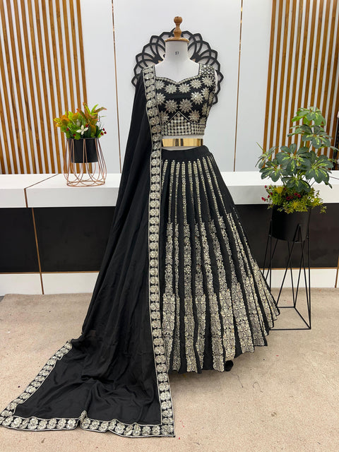 Black Wedding Collection Lehenga Choli With Full Heavy Embroidery Sequence Work For Women