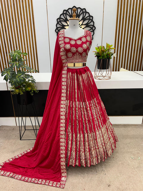 Red Wedding Collection Lehenga Choli With Full Heavy Embroidery Sequence Work For Women