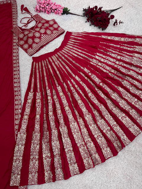 Red Wedding Collection Lehenga Choli With Full Heavy Embroidery Sequence Work For Women