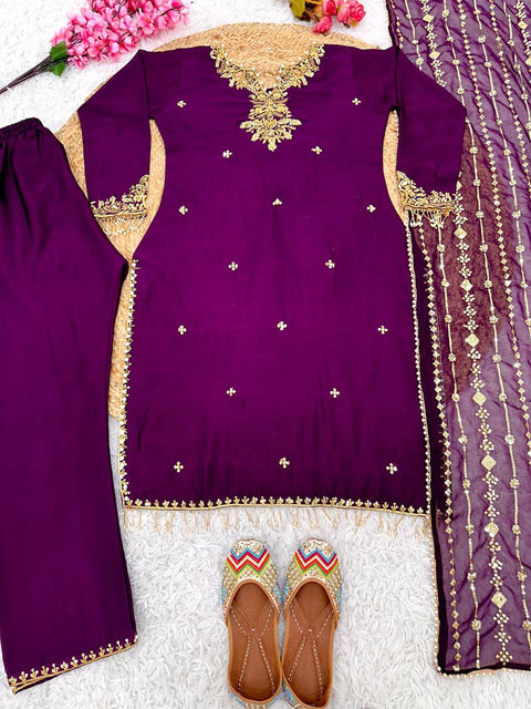 Purple Pure Chinnon With Embroidery Sequence Work Top-Bottom And Dupatta Set