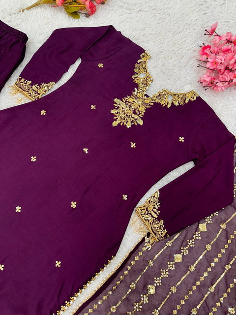 Purple Pure Chinnon With Embroidery Sequence Work Top-Bottom And Dupatta Set