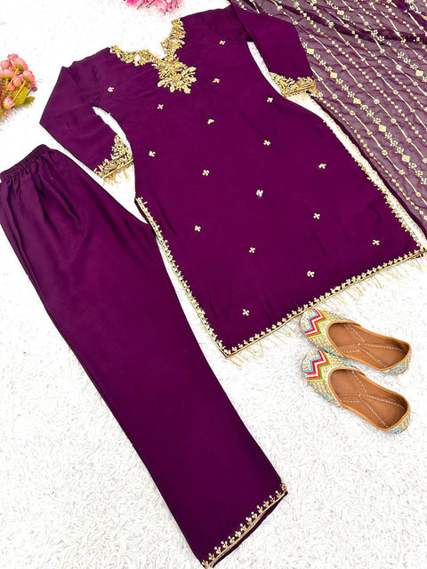 Purple Pure Chinnon With Embroidery Sequence Work Top-Bottom And Dupatta Set