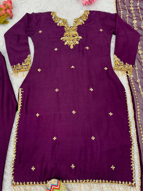 Purple Pure Chinnon With Embroidery Sequence Work Top-Bottom And Dupatta Set