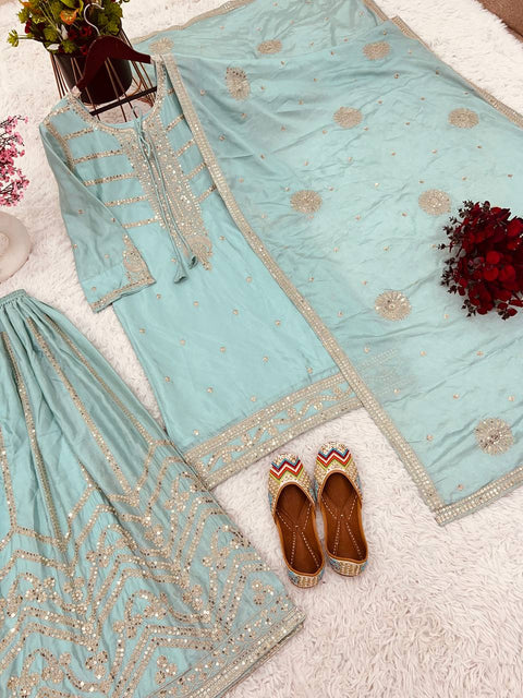 Sky Blue Pure Chinnon Silk And Heavy Embroidery Sequence Work Top-Sharara And Dupatta Set For Woman