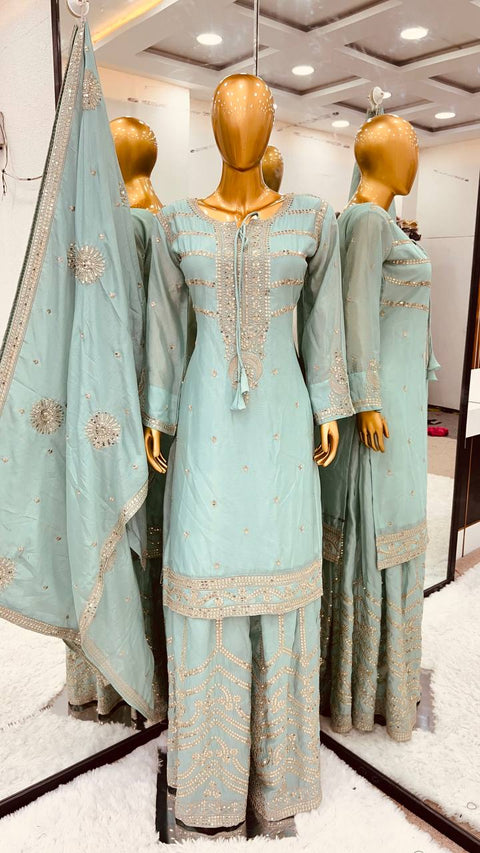 Sky Blue Pure Chinnon Silk And Heavy Embroidery Sequence Work Top-Sharara And Dupatta Set For Woman