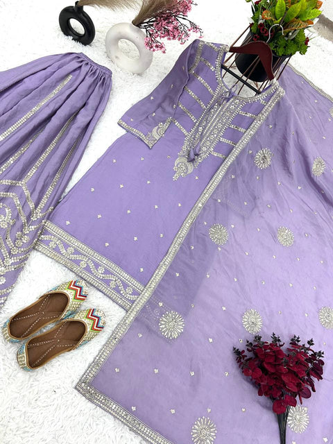 Purple Pure Chinnon Silk And Heavy Embroidery Sequence Work Top-Sharara And Dupatta Set For Women