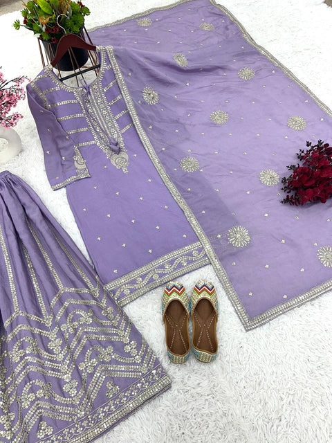 Purple Pure Chinnon Silk And Heavy Embroidery Sequence Work Top-Sharara And Dupatta Set For Women