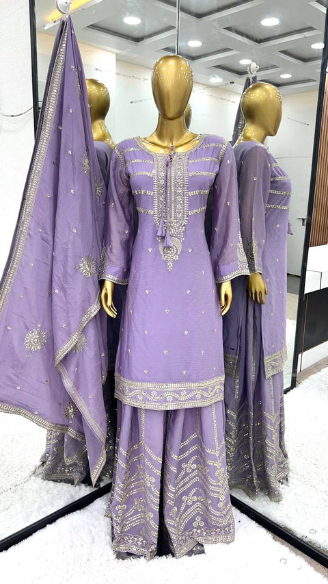 Purple Pure Chinnon Silk And Heavy Embroidery Sequence Work Top-Sharara And Dupatta Set For Women