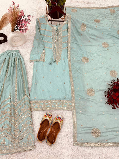 Sky Blue Pure Chinnon Silk And Heavy Embroidery Sequence Work Top-Sharara And Dupatta Set For Woman