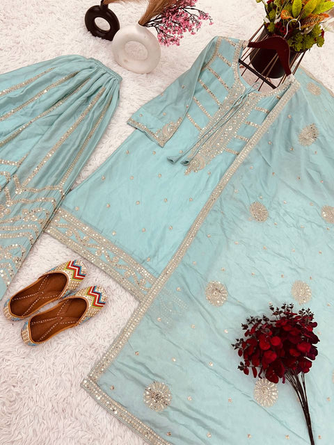 Sky Blue Pure Chinnon Silk And Heavy Embroidery Sequence Work Top-Sharara And Dupatta Set For Woman