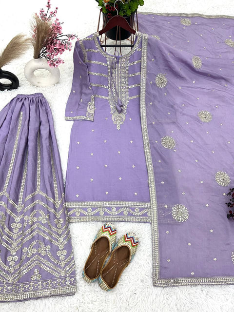 Purple Pure Chinnon Silk And Heavy Embroidery Sequence Work Top-Sharara And Dupatta Set For Women