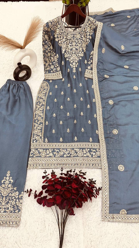 Grey New Ready-made Collection With Pure Chinnon Silk And Heavy Embroidery Sequence Work Top-Bottom And Dupatta Set