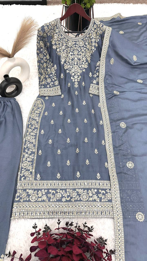 Grey New Ready-made Collection With Pure Chinnon Silk And Heavy Embroidery Sequence Work Top-Bottom And Dupatta Set